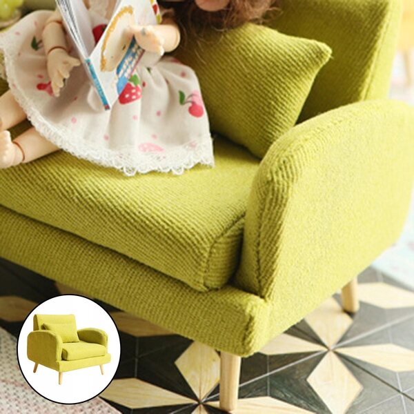 Holzsofa mit Kissen für Puppenhaus 1:8 – Grün, Miniaturmöbel