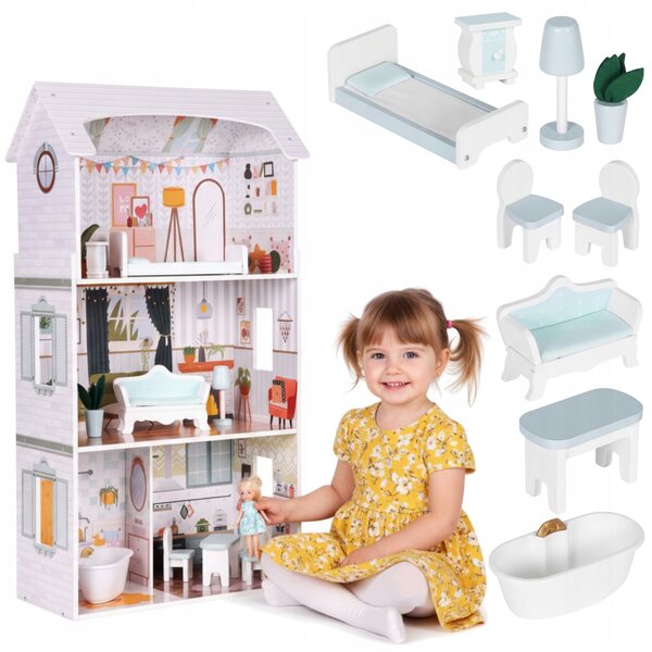 Casa delle bambole XL in legno, 96 cm, 3 piani, set di mobili AIice