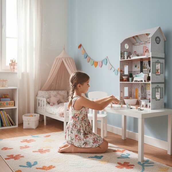 Casa delle bambole XL in legno, 96 cm, 3 piani, set di mobili AIice