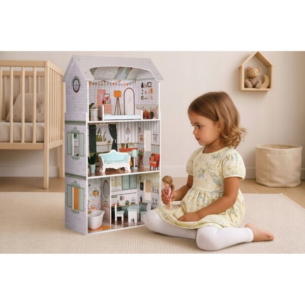 Casa delle bambole XL in legno, 96 cm, 3 piani, set di mobili AIice