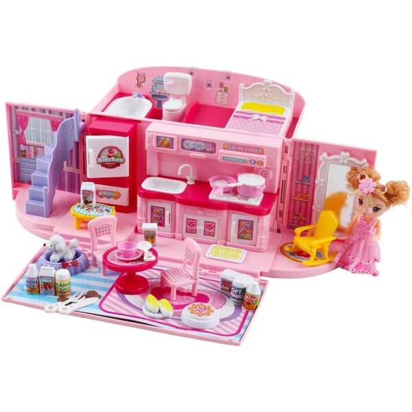 Cottage per bambole portatile pieghevole rosa con luci e suoni, regalo perfetto