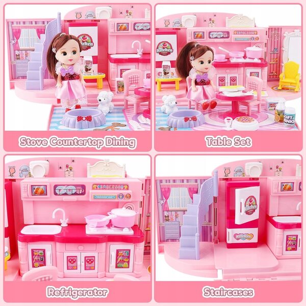 Cottage per bambole portatile pieghevole rosa con luci e suoni, regalo perfetto