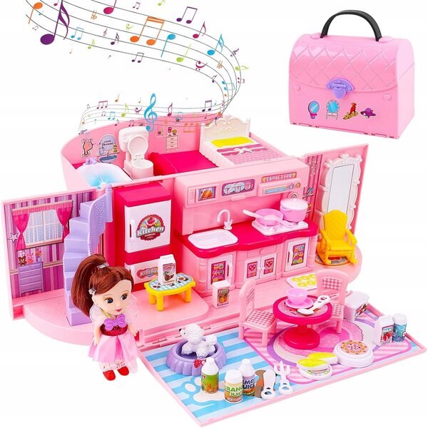 Cottage per bambole portatile pieghevole rosa con luci e suoni, regalo perfetto
