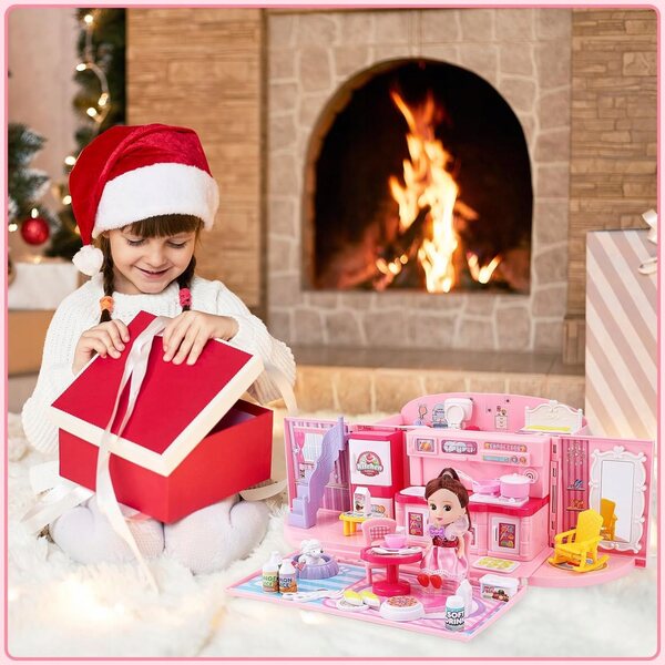 Cottage per bambole portatile pieghevole rosa con luci e suoni, regalo perfetto