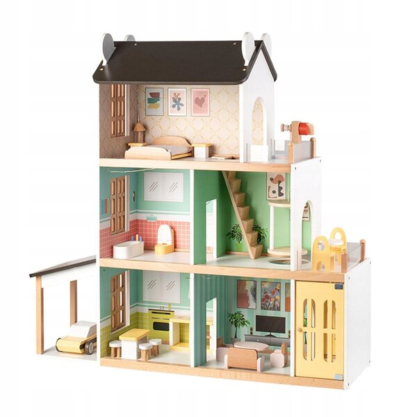 Ein hölzernes Puppenhaus mit Aufzug und Möbelset, ein kreatives Set für Kinder