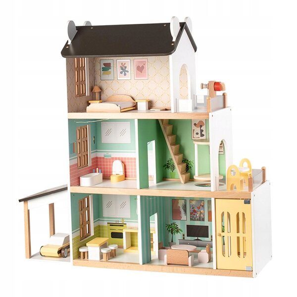 Ein hölzernes Puppenhaus mit Aufzug und Möbelset, ein kreatives Set für Kinder