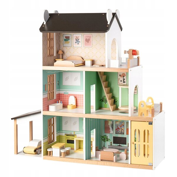 Ein hölzernes Puppenhaus mit Aufzug und Möbelset, ein kreatives Set für Kinder