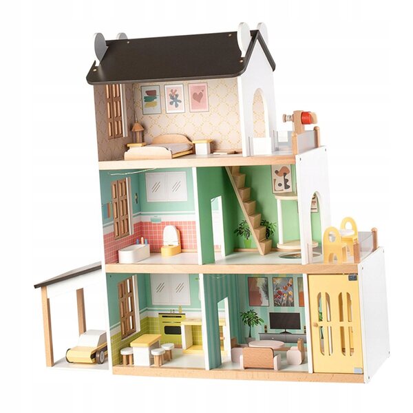 Ein hölzernes Puppenhaus mit Aufzug und Möbelset, ein kreatives Set für Kinder