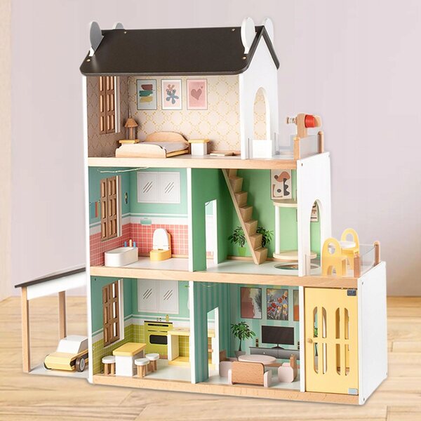 Ein hölzernes Puppenhaus mit Aufzug und Möbelset, ein kreatives Set für Kinder