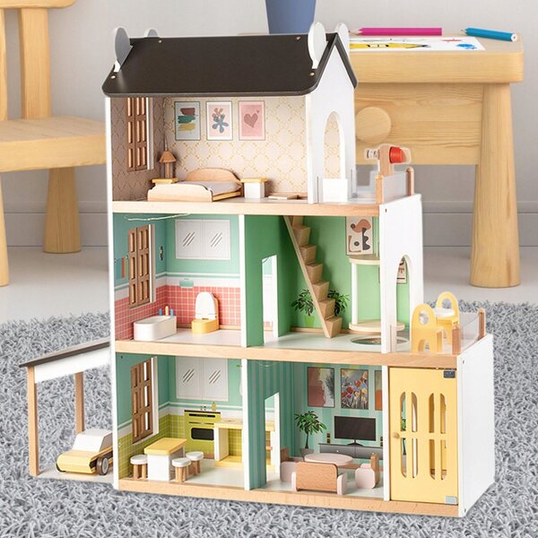 Ein hölzernes Puppenhaus mit Aufzug und Möbelset, ein kreatives Set für Kinder