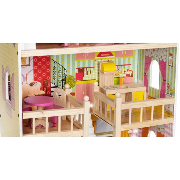 Grande casa delle bambole in legno con LED e mobili, 3 piani, 90 cm