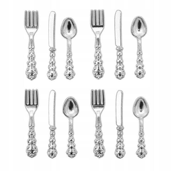 Set 12 Pezzi Posate Miniature 1:12 in Metallo per Casa delle Bambole Argento
