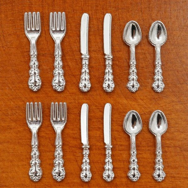 Set 12 Pezzi Posate Miniature 1:12 in Metallo per Casa delle Bambole Argento