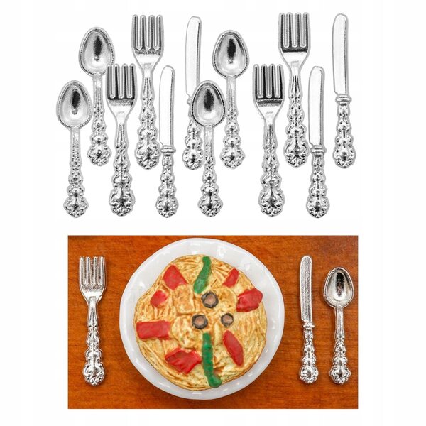 Set 12 Pezzi Posate Miniature 1:12 in Metallo per Casa delle Bambole Argento