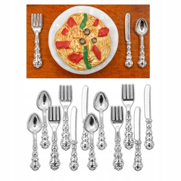 Set 12 Pezzi Posate Miniature 1:12 in Metallo per Casa delle Bambole Argento
