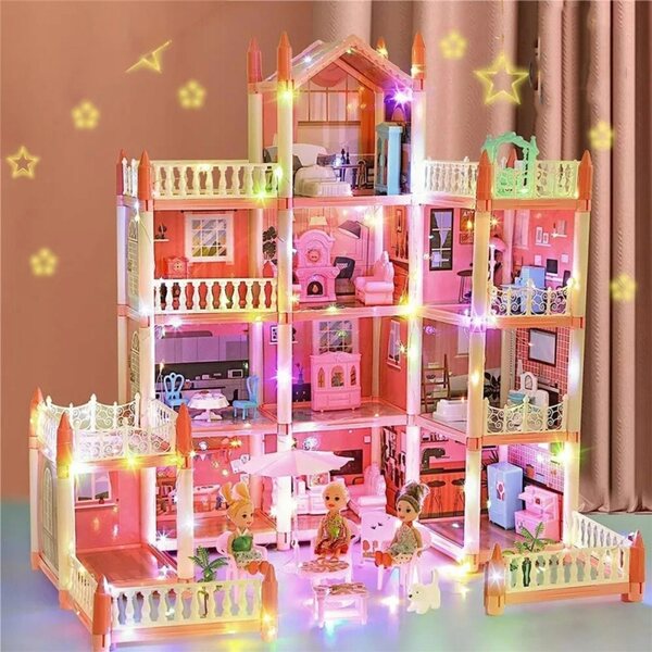 4-stöckiges Puppenhaus mit 11 Zimmern, rosa DIY-Kreativset