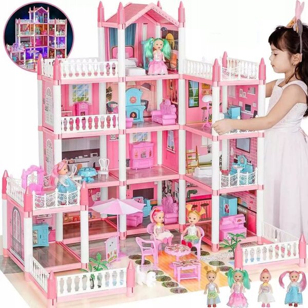 4-stöckiges Puppenhaus mit 11 Zimmern, rosa DIY-Kreativset