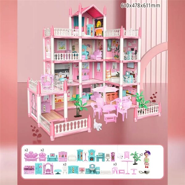 4-stöckiges Puppenhaus mit 11 Zimmern, rosa DIY-Kreativset