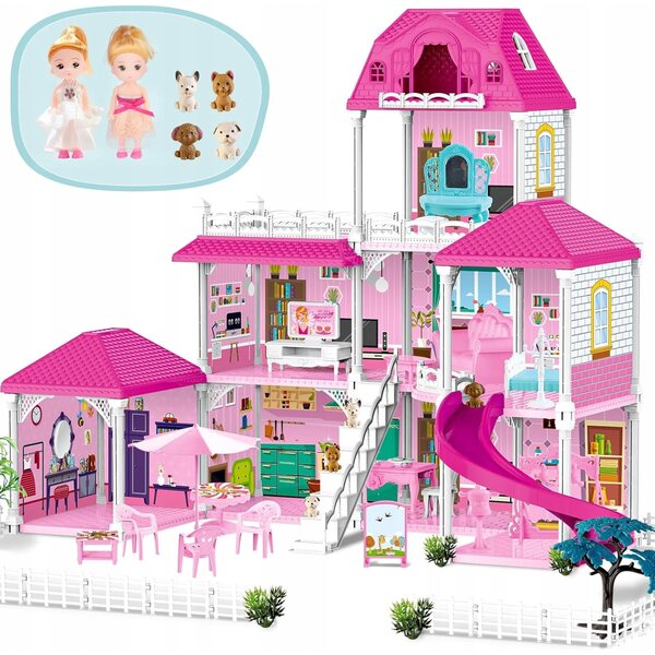 3-stöckiges Puppenhaus mit Zubehör und Tieren, kreativer Spaß