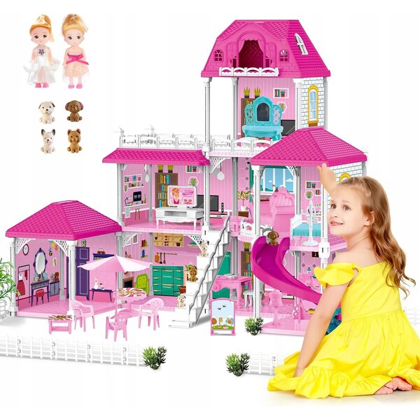 3-stöckiges Puppenhaus mit Zubehör und Tieren, kreativer Spaß