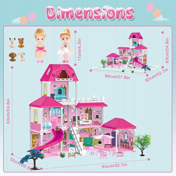 3-stöckiges Puppenhaus mit Zubehör und Tieren, kreativer Spaß