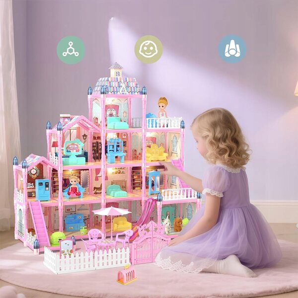 Grande casa delle bambole in plastica 4 piani 13 stanze con mobili e accessori