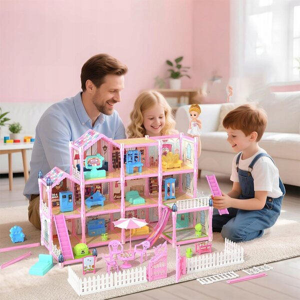 Grande casa delle bambole in plastica 4 piani 13 stanze con mobili e accessori