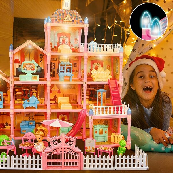 Grande casa delle bambole in plastica 4 piani 13 stanze con mobili e accessori