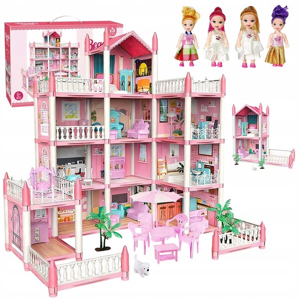 4-stöckige Spielzeugvilla mit 11 rosa Zimmern für Puppen – ABS-Kreativspiel