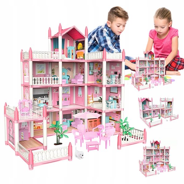 Casa per bambole 4 piani 11 stanze rosa con mobili e luci LED, gioco creativo