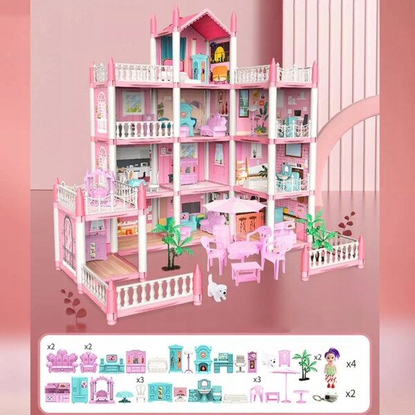 Casa per bambole 4 piani 11 stanze rosa con mobili e luci LED, gioco creativo