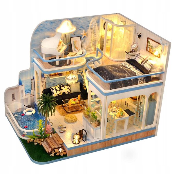 Kreatives 3D-Puppenhaus-Set aus Holz mit LED-Leuchten und Miniaturmöbeln