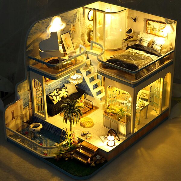 Kreatives 3D-Puppenhaus-Set aus Holz mit LED-Leuchten und Miniaturmöbeln