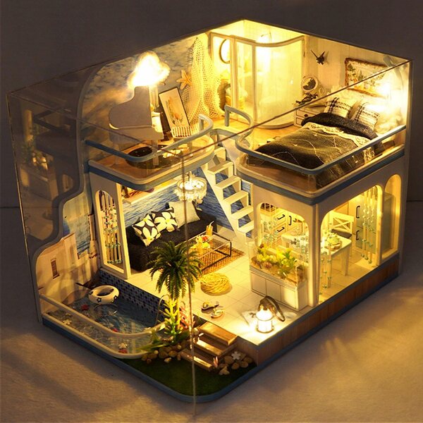 Kreatives 3D-Puppenhaus-Set aus Holz mit LED-Leuchten und Miniaturmöbeln