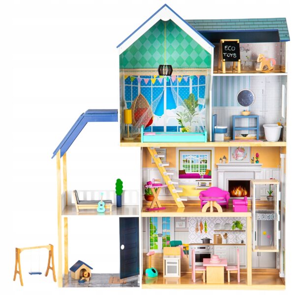 Ecotoys Maya XXL Puppenhaus aus Holz, 4 Etagen, mit bunten Möbeln, 138,5 cm
