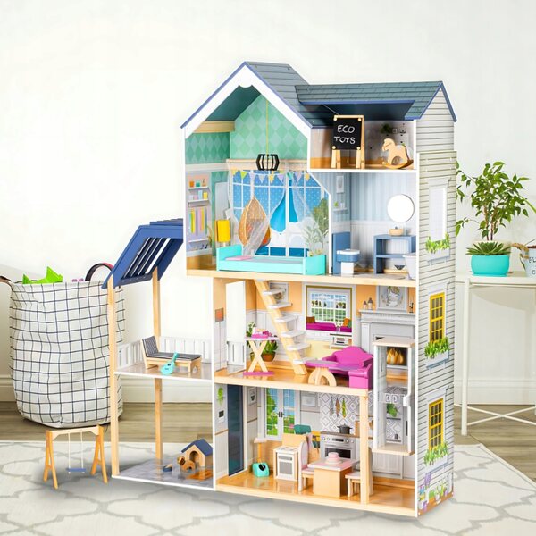 Casa per Bambole Ecotoys Maya XXL in Legno 4 Livelli con Mobili Colorati 138.5 cm