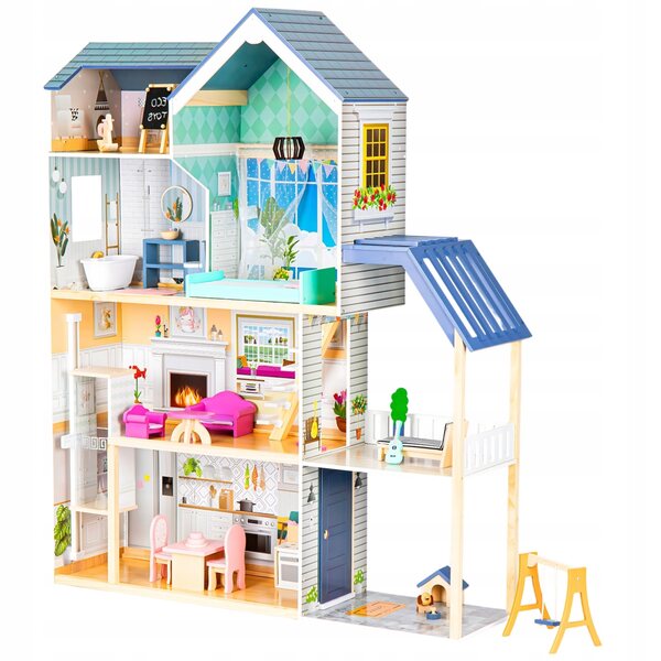 Casa per Bambole Ecotoys Maya XXL in Legno 4 Livelli con Mobili Colorati 138.5 cm