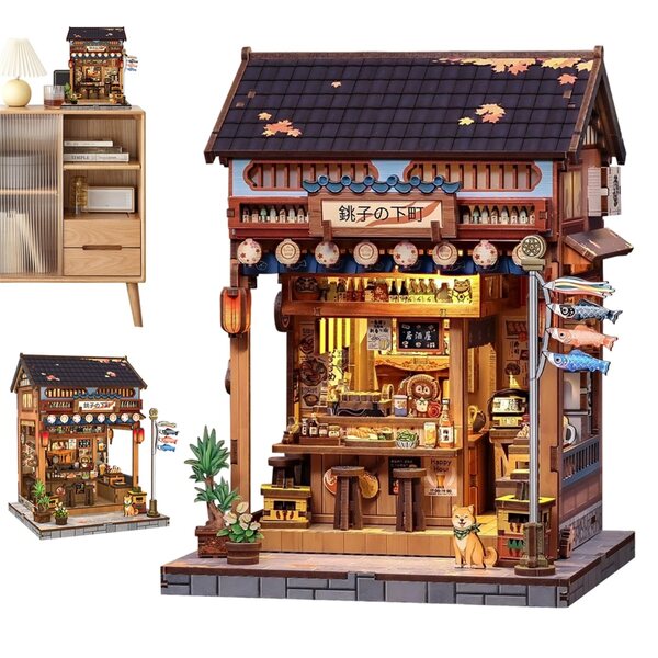 Japanisches Barmodell aus Holz mit LED-Lampen mit warmem Lichteffekt, 16 x 14 x 19 cm
