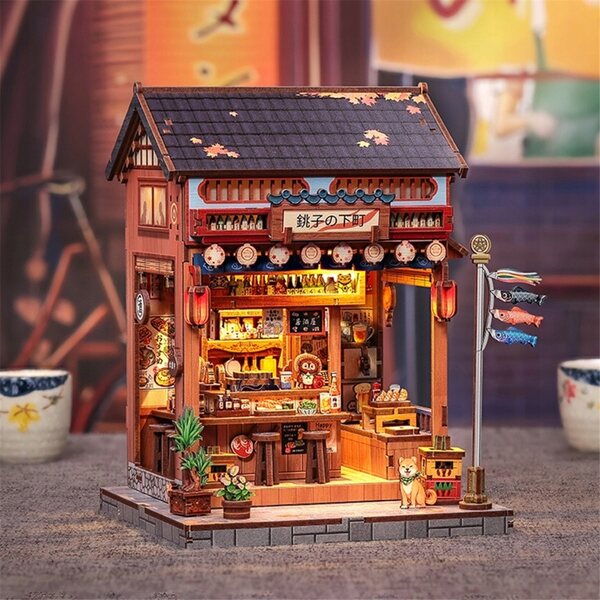 Japanisches Barmodell aus Holz mit LED-Lampen mit warmem Lichteffekt, 16 x 14 x 19 cm