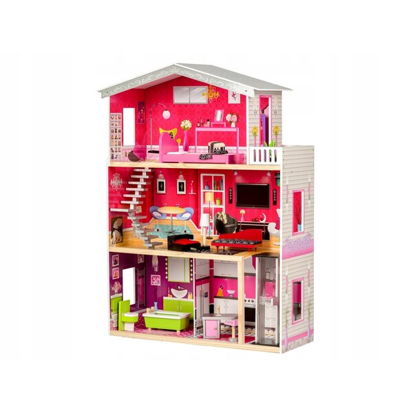Casa delle bambole in legno con ascensore, scale e mobili, 3 livelli