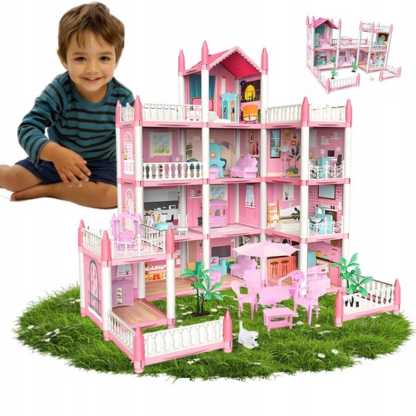 Casa per bambole 4 piani 11 stanze rosa con accessori e luci LED
