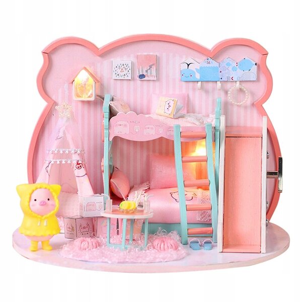 Set Miniatura Casa delle Bambole in Legno con Mobili e Luci LED 31x22x29 cm