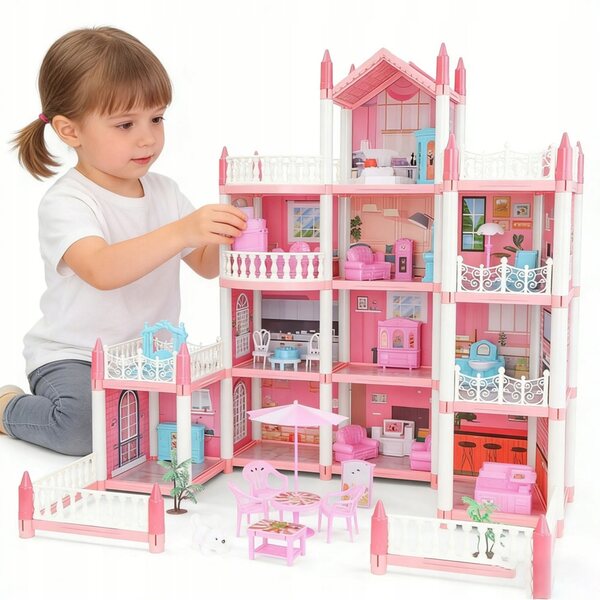 RÓŻOWY DOM DLA LALEK ZESTAW 4 PIĘTRA 11 POKOI Z AKCESORIAMI DIY
