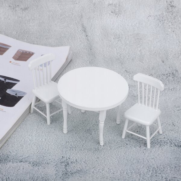 Ensemble miniature de table et deux chaises en bois blanc pour maison de poupées 1:12
