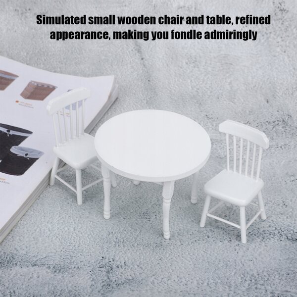 Ensemble miniature de table et deux chaises en bois blanc pour maison de poupées 1:12