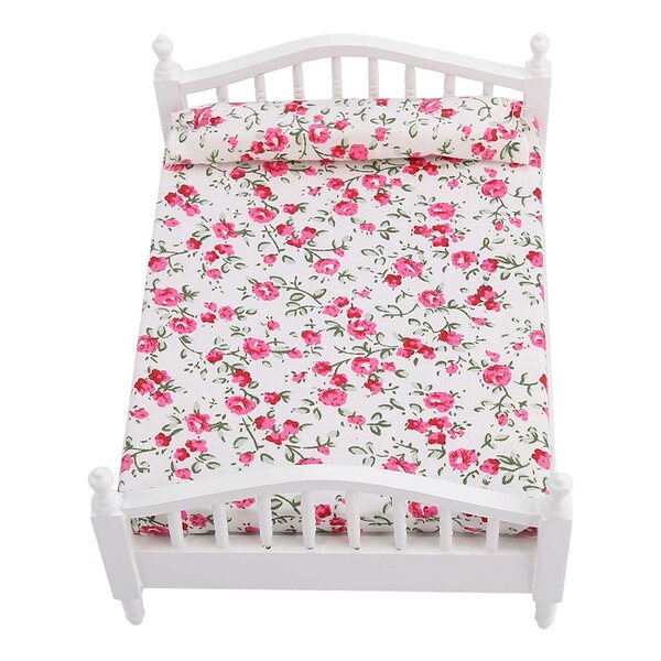Mini mobili con letto doppio a motivo floreale per casa delle bambole 1/12