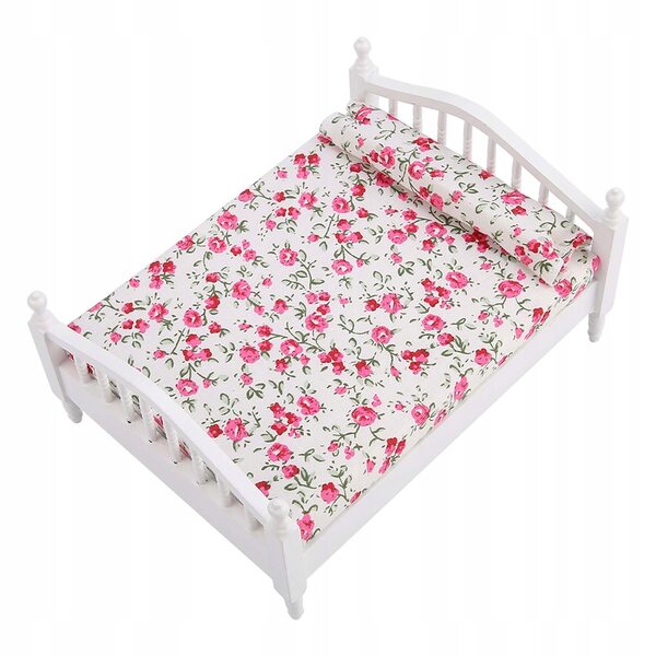 Mini mobili con letto doppio a motivo floreale per casa delle bambole 1/12