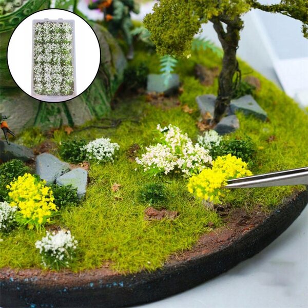 Miniatuur witte bloemen voor modelspoorwegen en landschapsarchitectuur