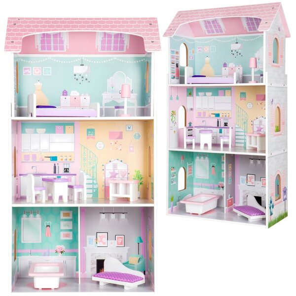 Casa delle bambole in legno Ecotoys con ascensore e mobili, 114 cm, 3 piani