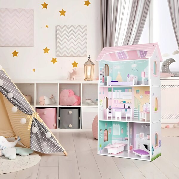 Casa delle bambole in legno Ecotoys con ascensore e mobili, 114 cm, 3 piani